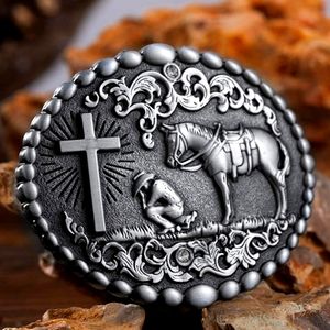 Cowboy Kneeling At Cross With Horse Belt Buckle